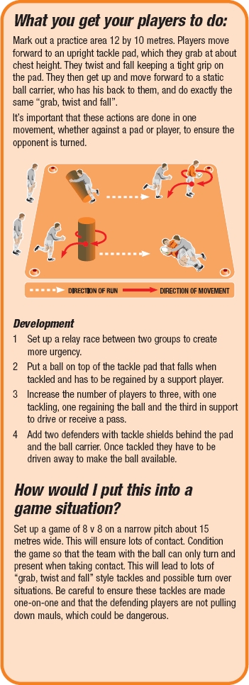 Rugby drill to get players tackling using tackle pads